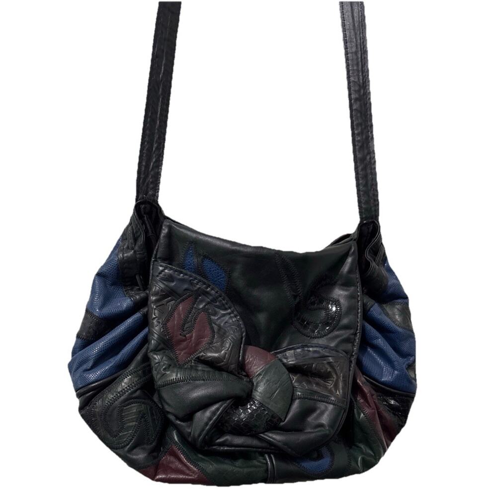 Mixed Leather Patchwork Purse Crossbody Shoulder Bag 80s Multicolor Vintage Hobo